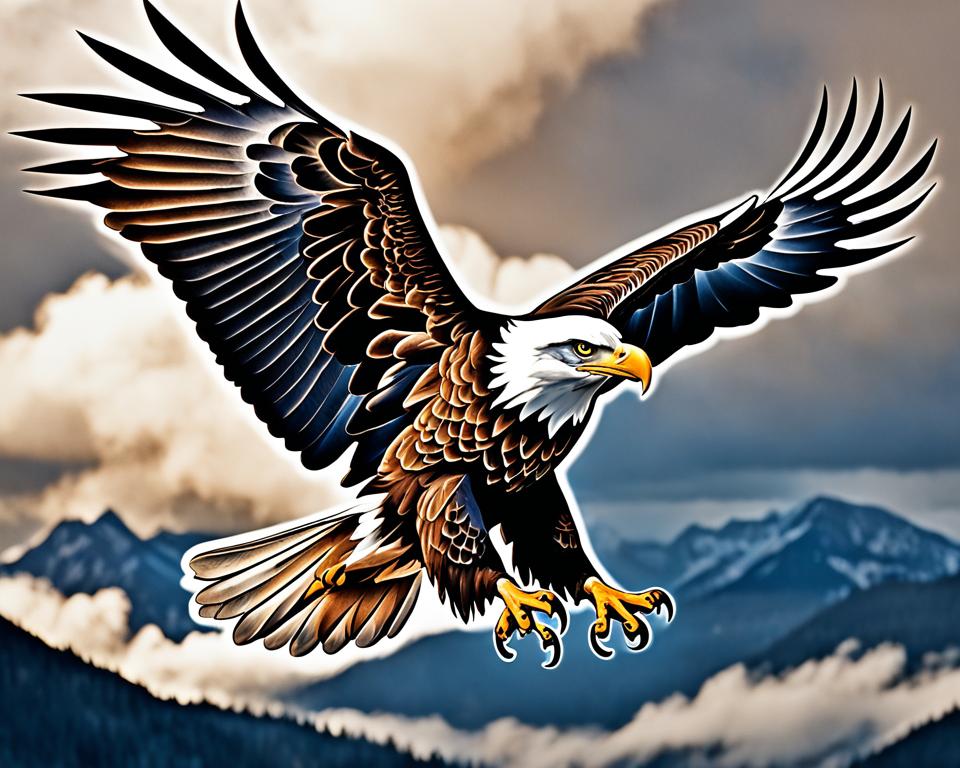 bald eagle tattoo design with eagle flying over mountains