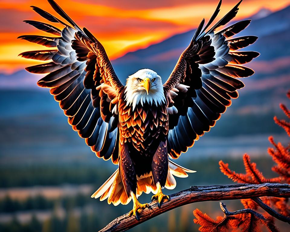 beautiful eagle tattoo design with eagle spreading its wings on tree branch in bold orange and brown colors