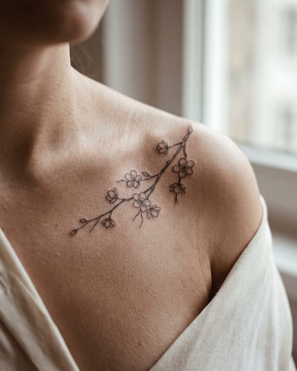 Fine-line cherry blossom branch tattoo following the collarbone
