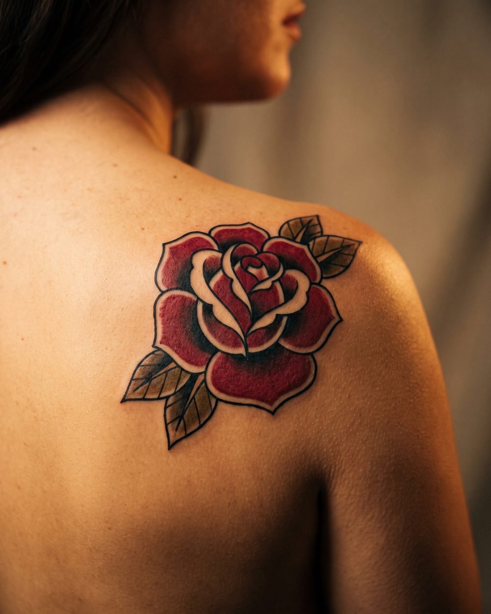 Traditional American style rose tattoo with bold outlines on a shoulder