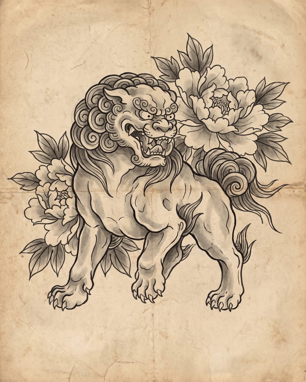 Traditional Japanese foo dog shishi guardian lion design with peonies on flash paper