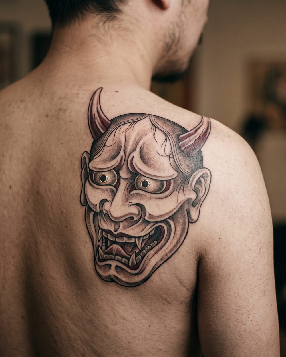 Traditional Hannya mask tattoo showing the horned, fanged Noh theatre features
