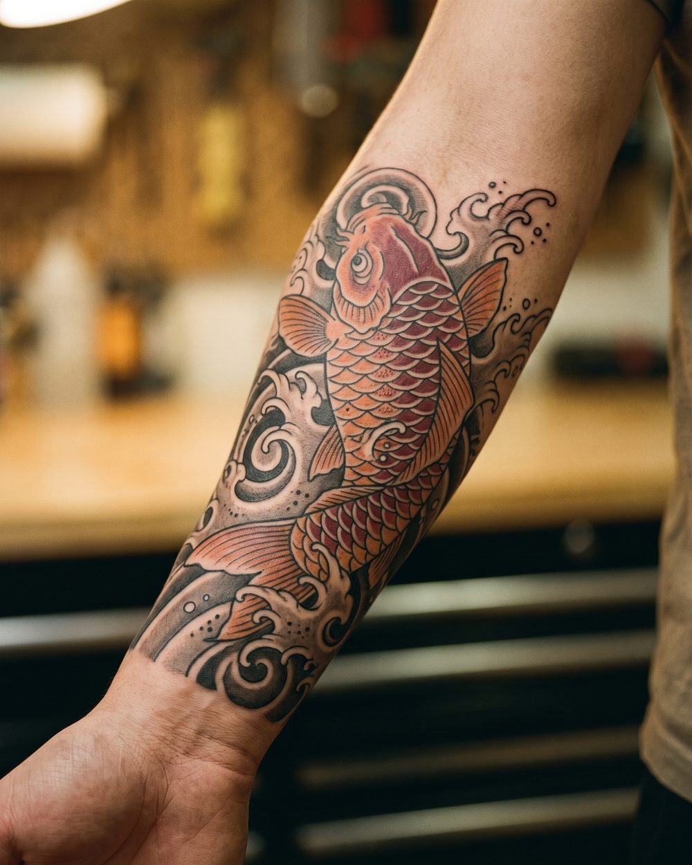 Traditional irezumi koi fish tattoo rising through stylised waves on a forearm