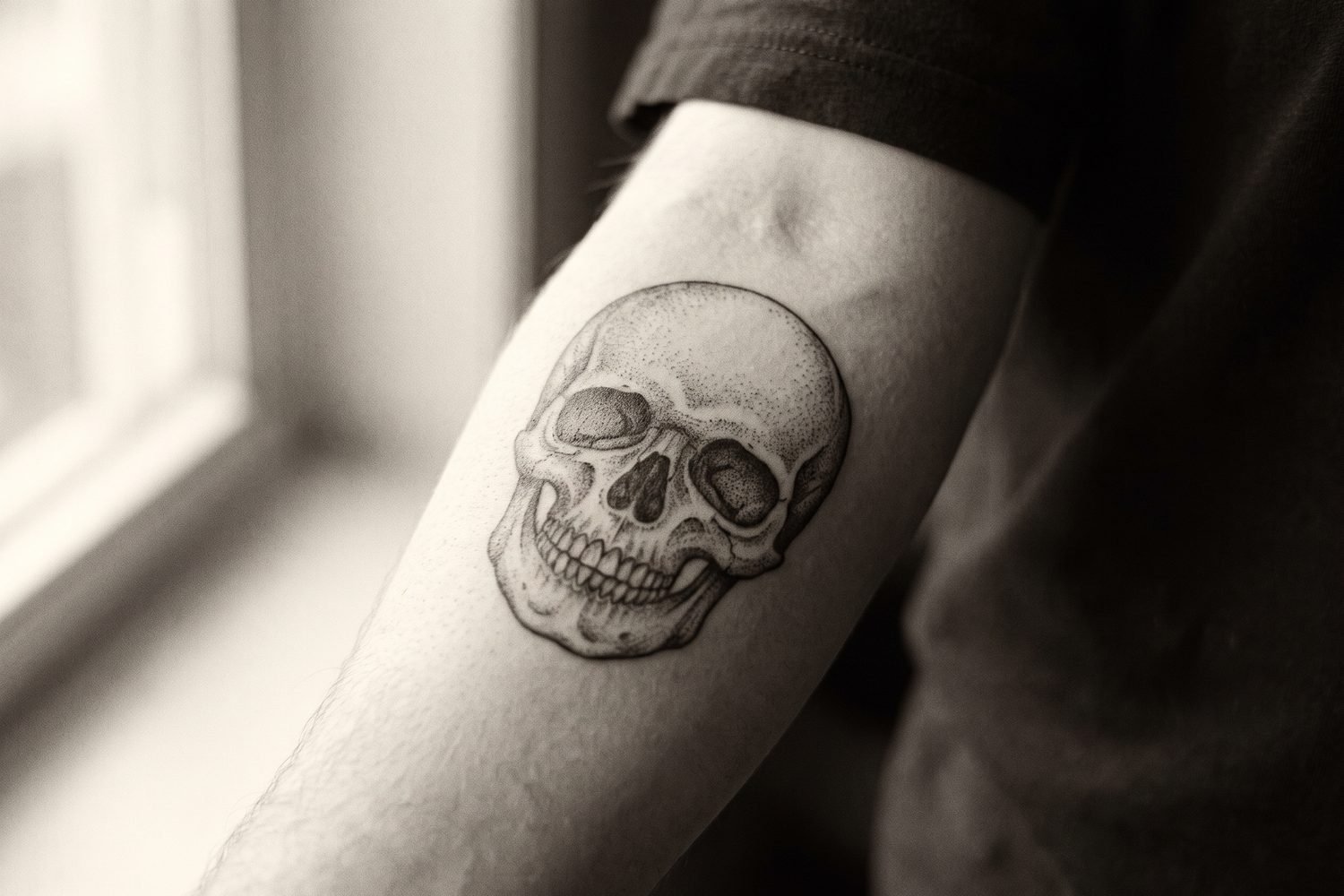 Fine-line realism skull tattoo on a forearm in soft directional light