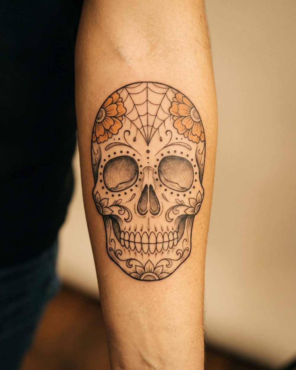 Dia de los Muertos sugar skull calavera tattoo with marigold and filigree detail