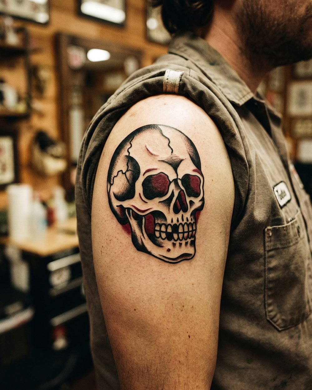 Bold American traditional skull tattoo with heavy outlines on a shoulder