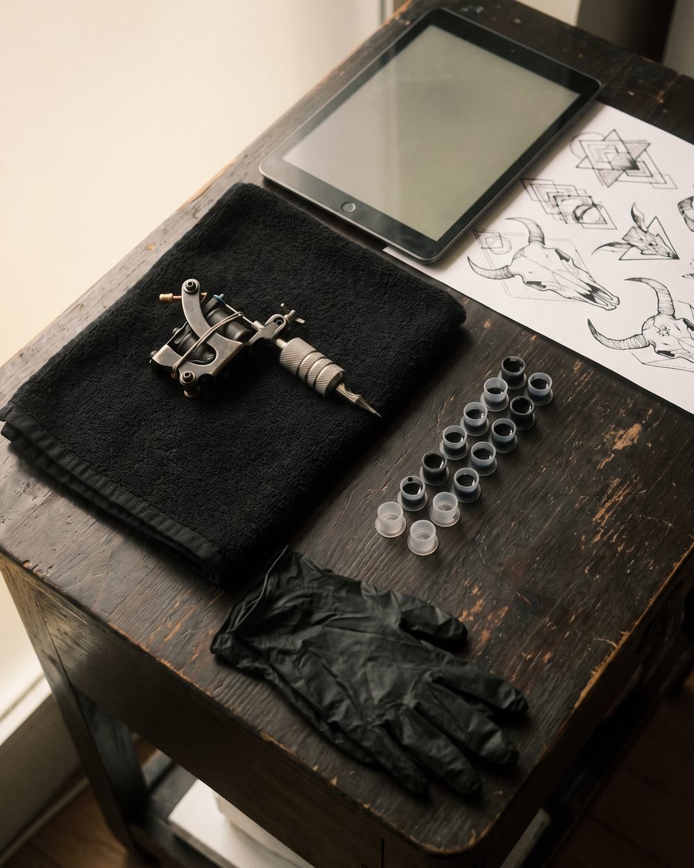 A tattoo artist workstation with machine, ink caps and a printed reference sheet